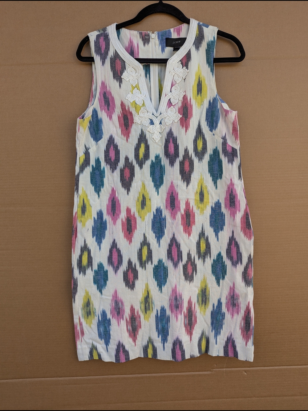JCrew Ikat Boho Modest Embroidered Shift Dress Sleeveless 4 Multicolor Boho Chic